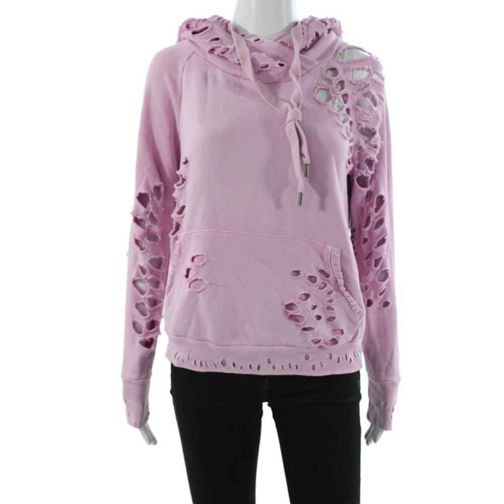 NSF Womens Pink Distressed Cotton Cowl Neck Pullover Hoodie Long Sleeve Size S